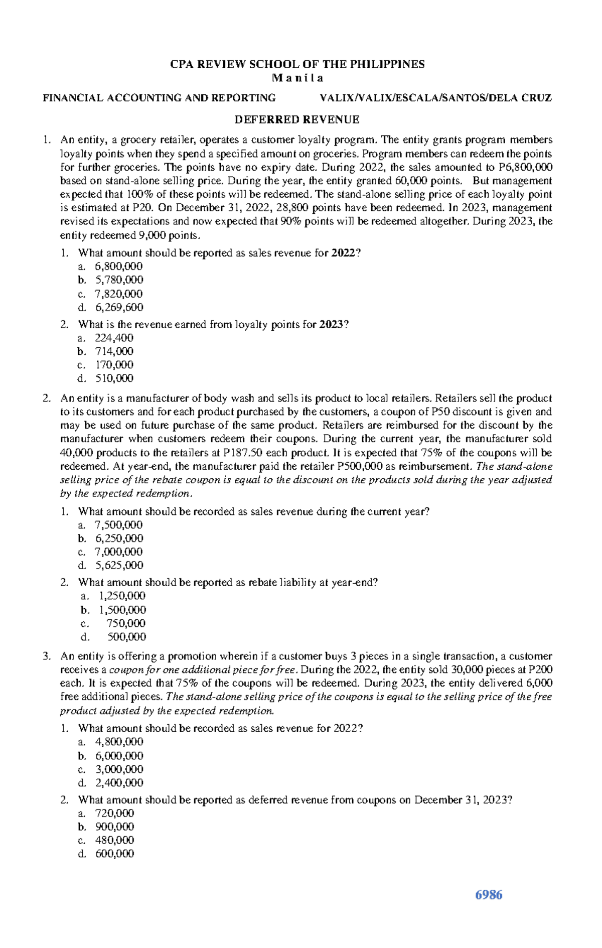 6986 - Deferred Revenue - 6986 CPA REVIEW SCHOOL OF THE PHILIPPINES M a ...