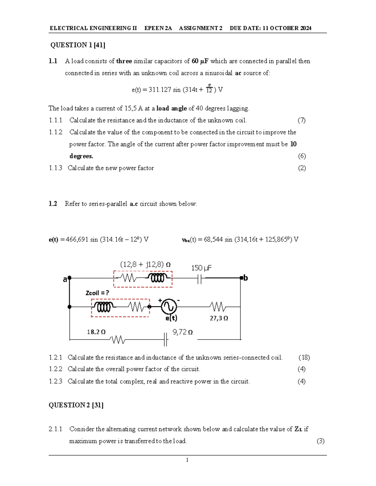 Epeen 2A 2024 Assignment 2 - ELECTRICAL ENGINEERING II EPEEN 2A ...