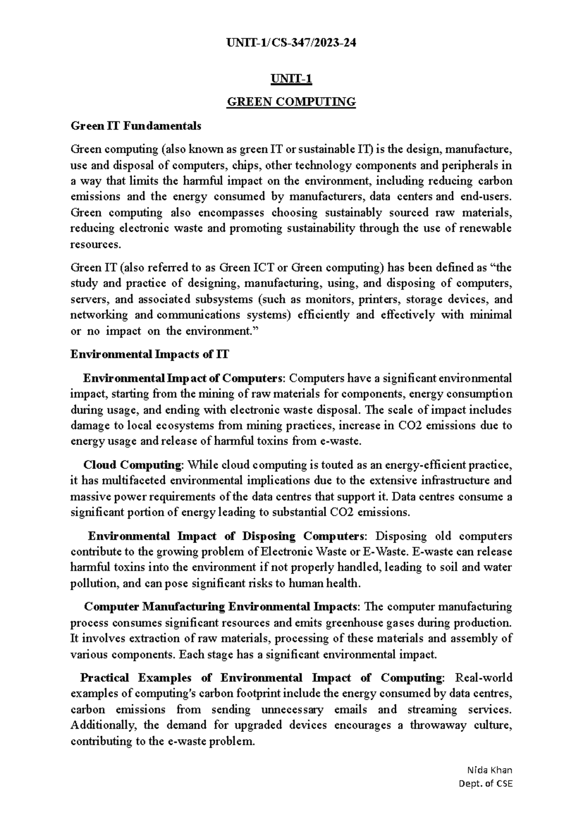 UNIT-1 GC - Nida Khan UNIT- 1 GREEN COMPUTING Green IT Fundamentals ...