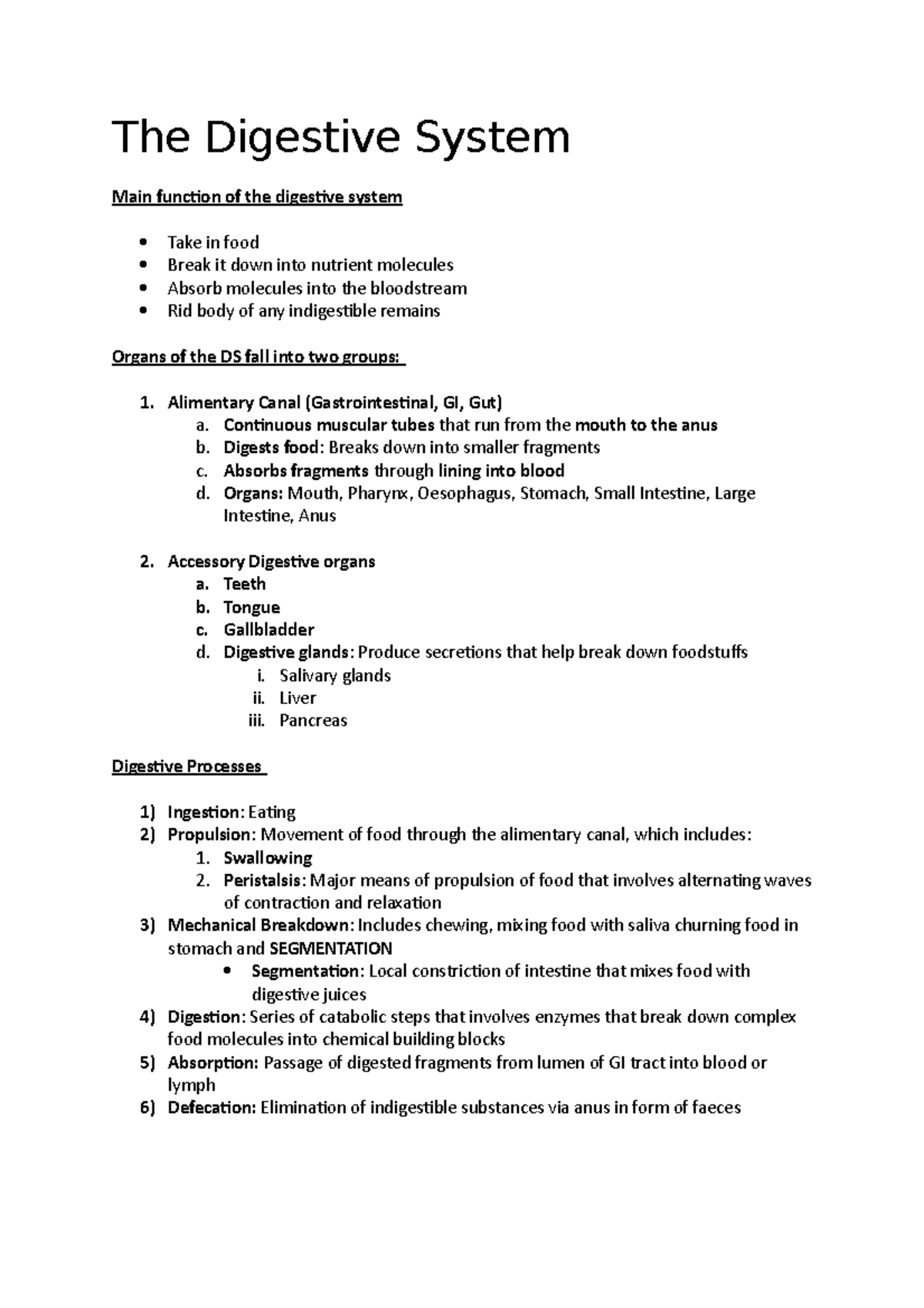 The Digestive System - An in-depth summary of the lecture notes for ...