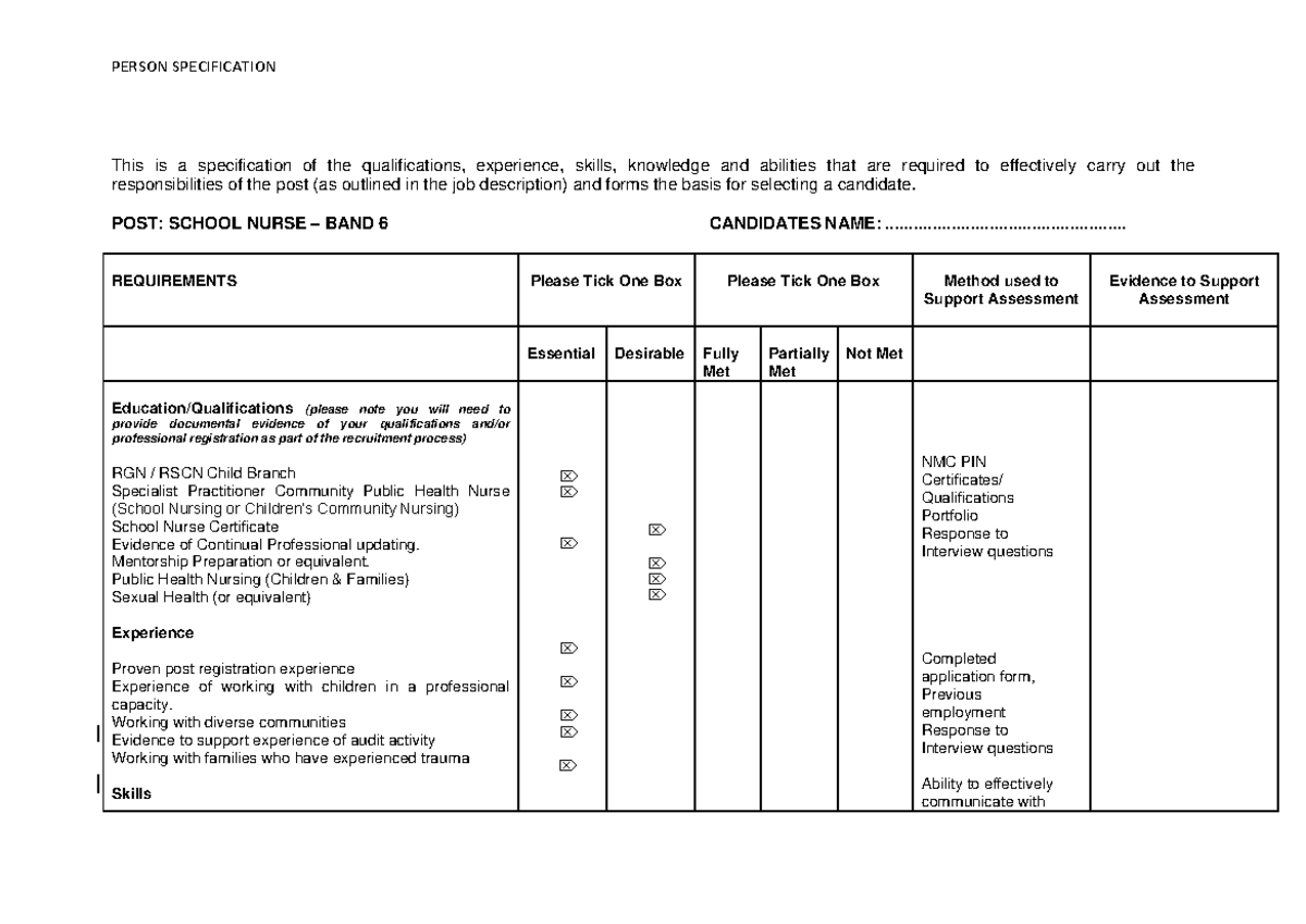 Person Specification - PERSON SPECIFICATION This is a specification of ...