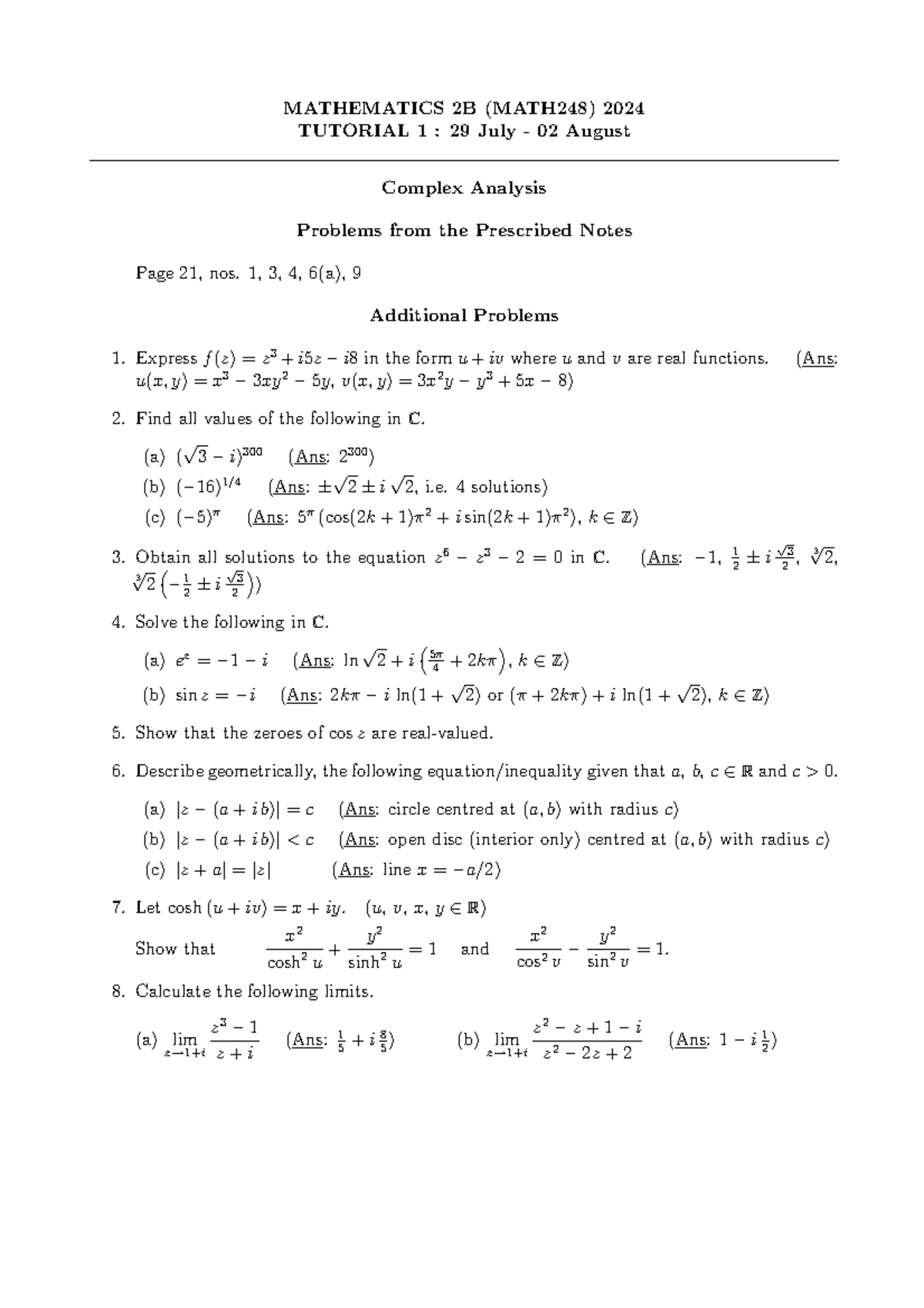 Tutorial 1 - practise - MATHEMATICS 2B (MATH248) 2024 TUTORIAL 1 : 29 ...