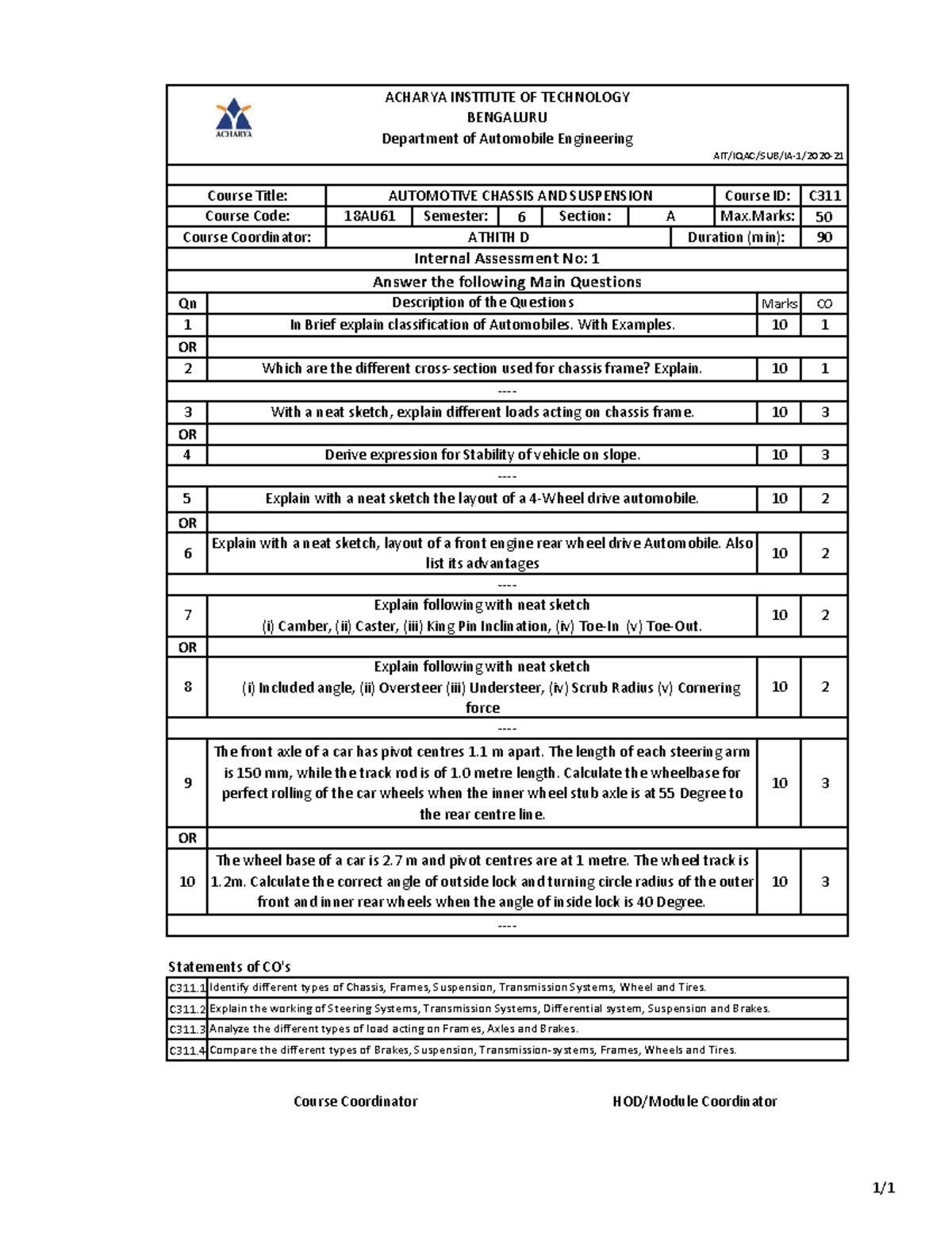 202021 18AU61 Automotive Chassis and Susension IA1 Athith D C 6 50