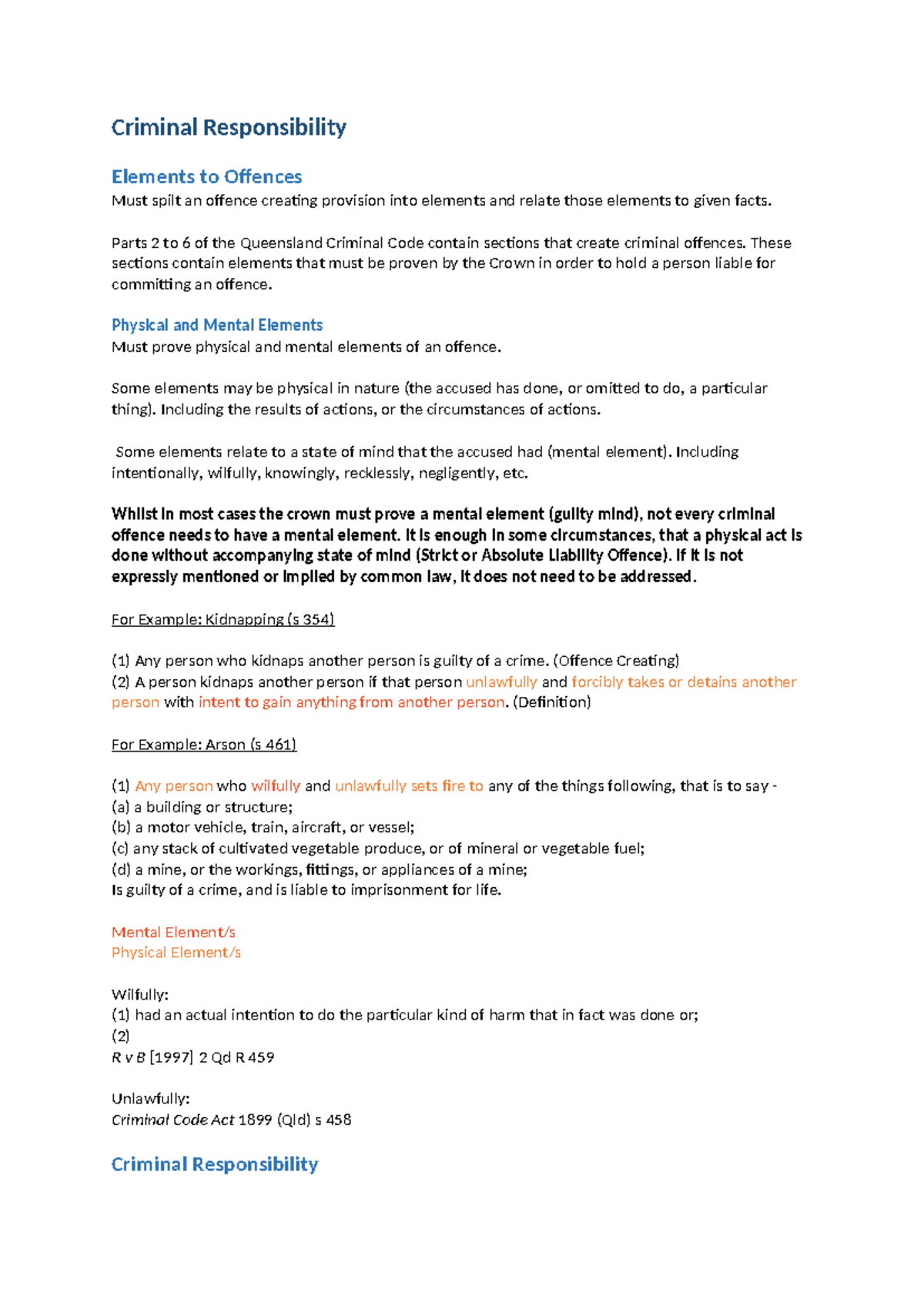 LLB107 Week 2 Lecture Notes - Criminal Responsibility Elements to ...