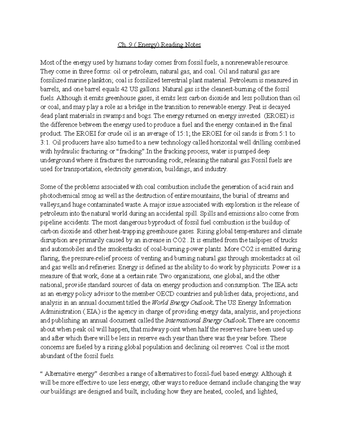 Ch. 9 ( Energy) Reading Notes - Ch. 9 ( Energy) Reading Notes Most of ...