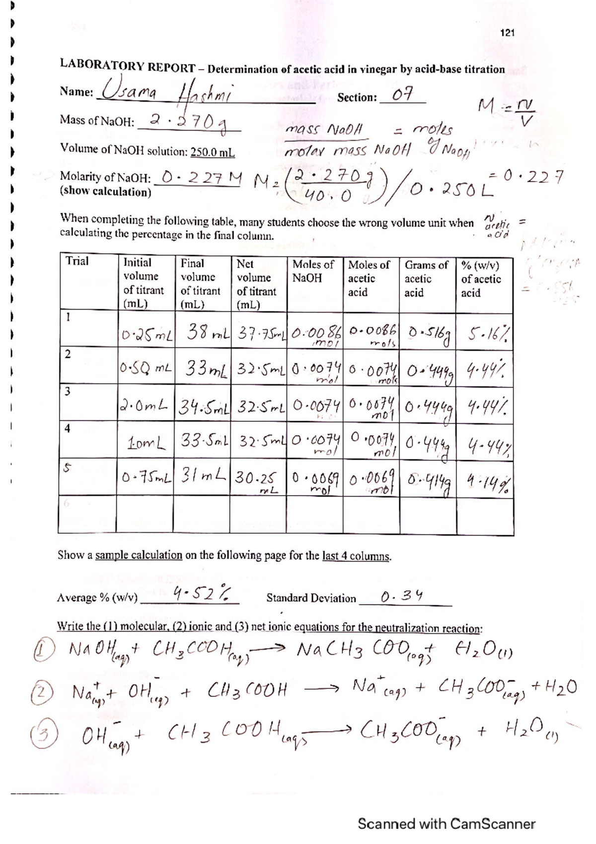 Lab Report - Vinegar Titration - CHEM 210 - SCSU - Studocu