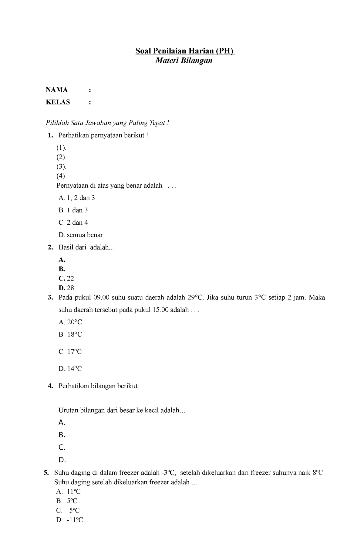 Soal Uh Bab Task Soal Penilaian Harian Ph Materi Bilangan Nama Kelas Pilihlah Satu