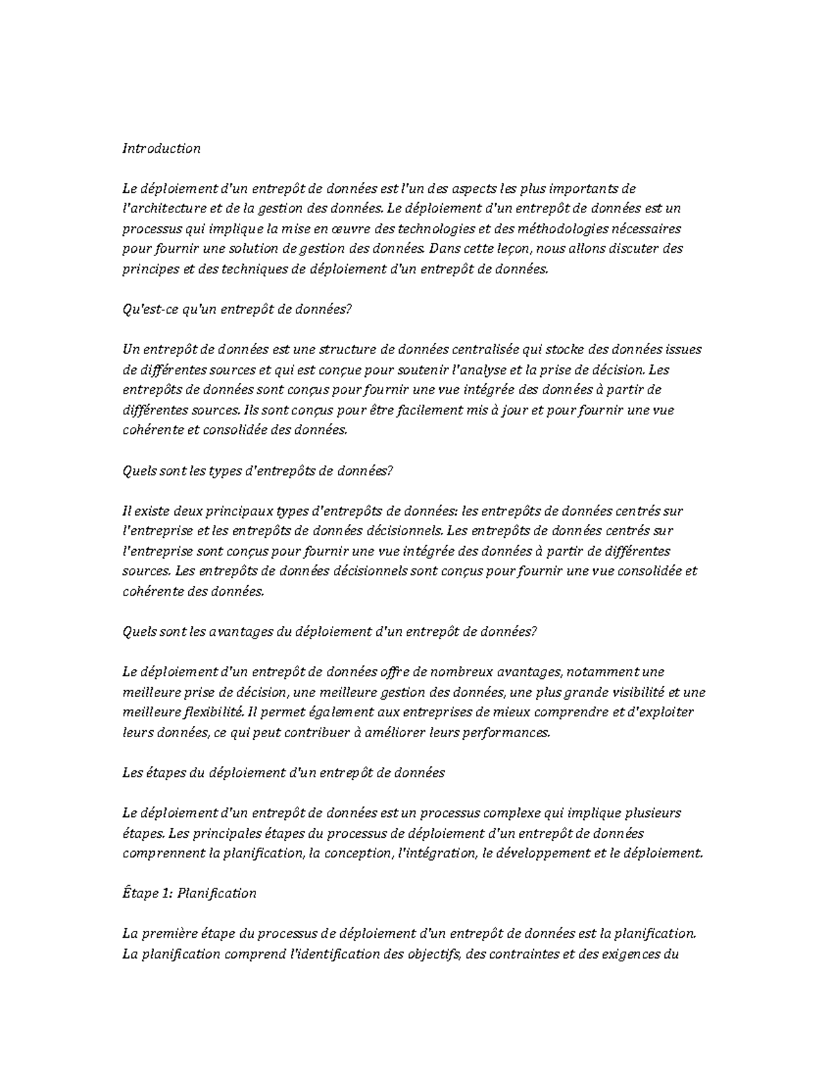 Data Warehouse Deployment note study - Introduction Le déploiement d'un ...