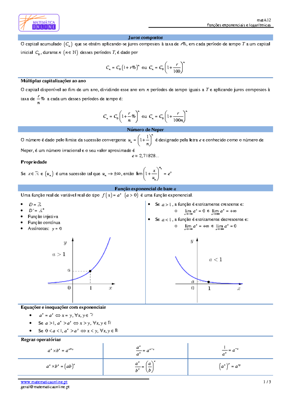 Funções Exponenciais E Logaritmos 12° Ano Resumo Mata Funções