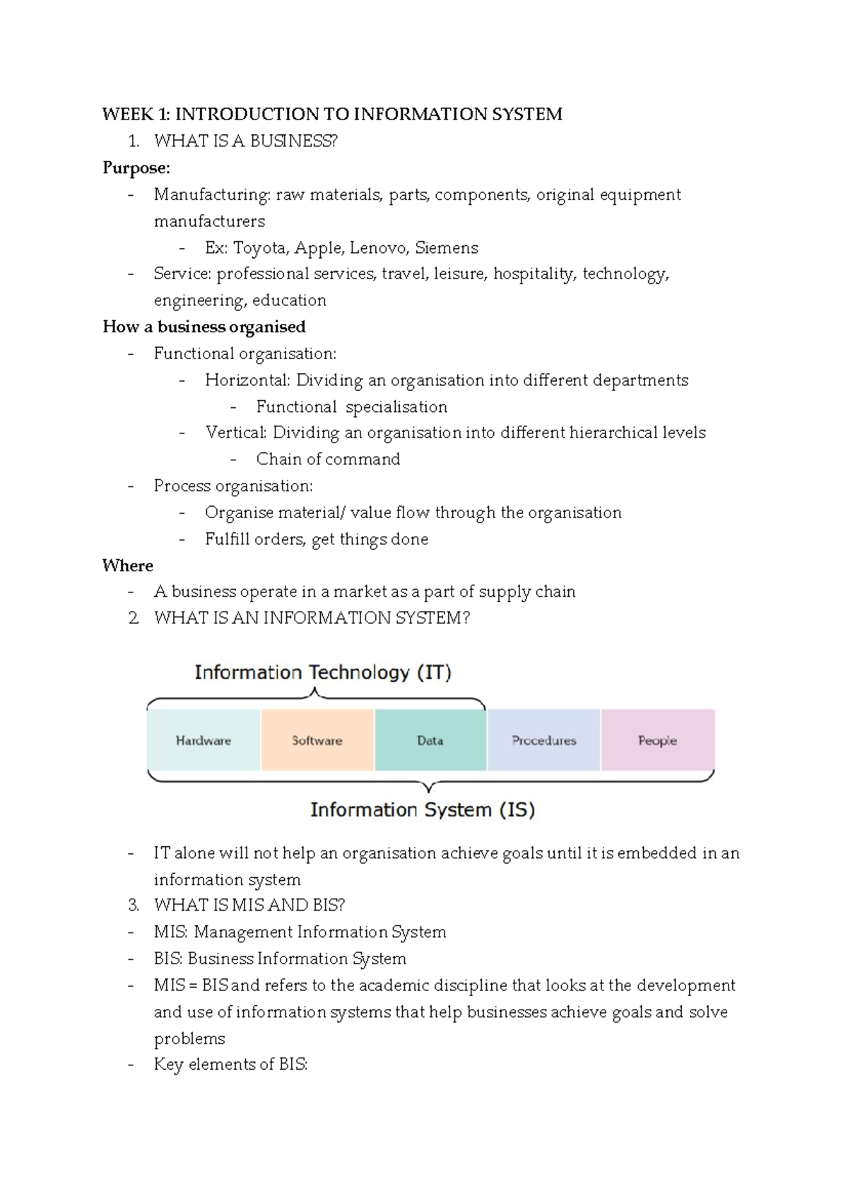 INFS 1000 revision - WEEK 1: INTRODUCTION TO INFORMATION SYSTEM 1. WHAT ...