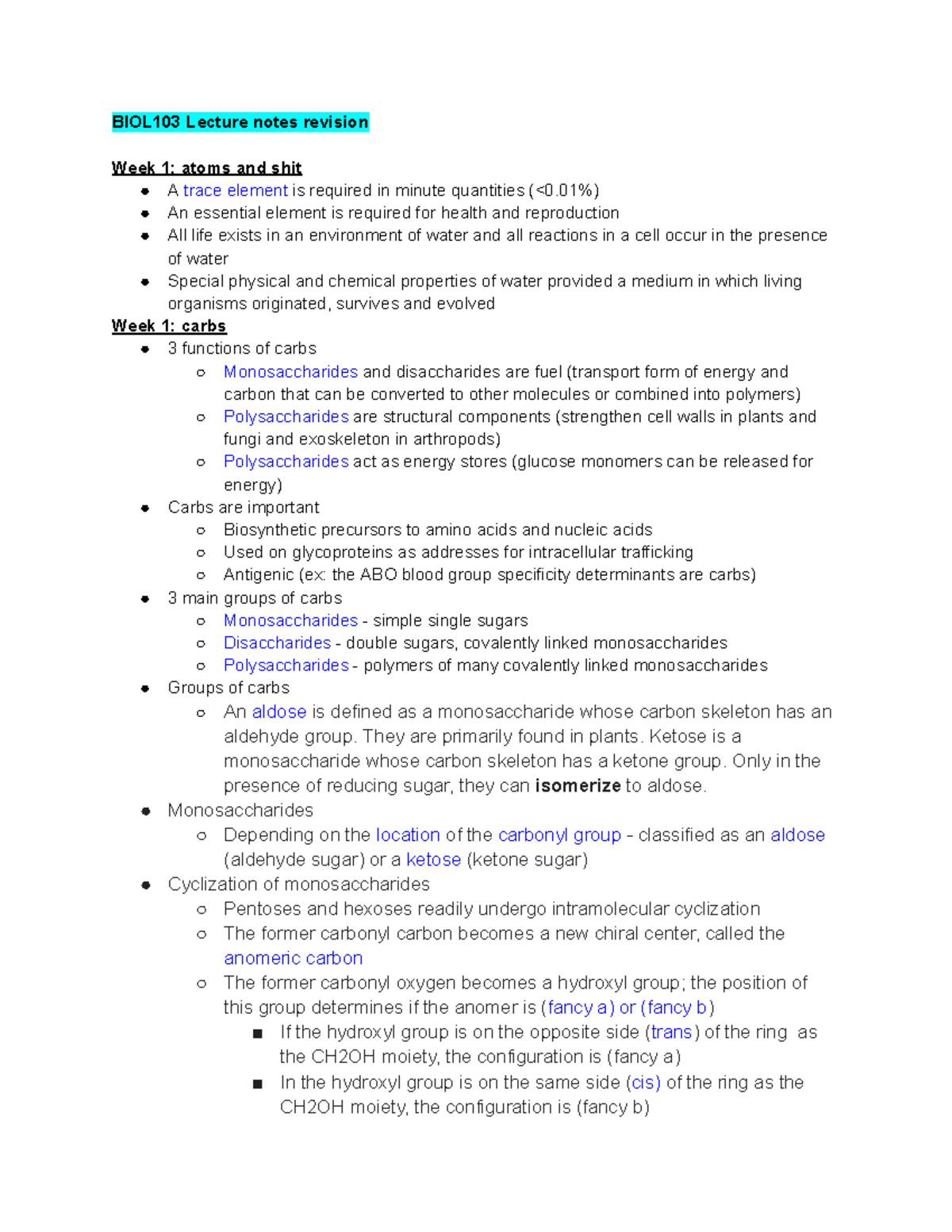 BIOL103 Week 1 and 2 notes revision - BIOL103 Lecture notes revision ...