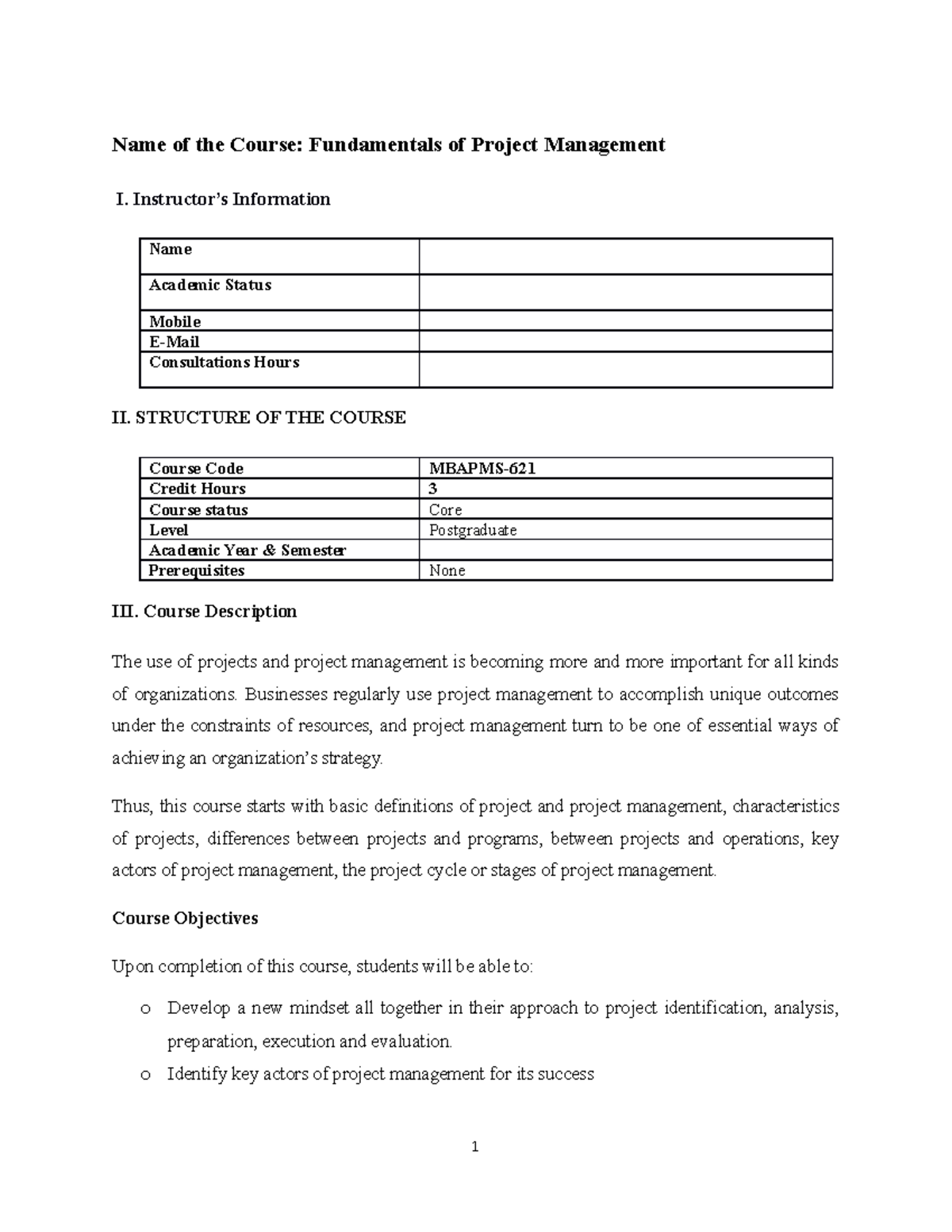 Course Outline Project Management & Analysis MBA 552 - Project ...