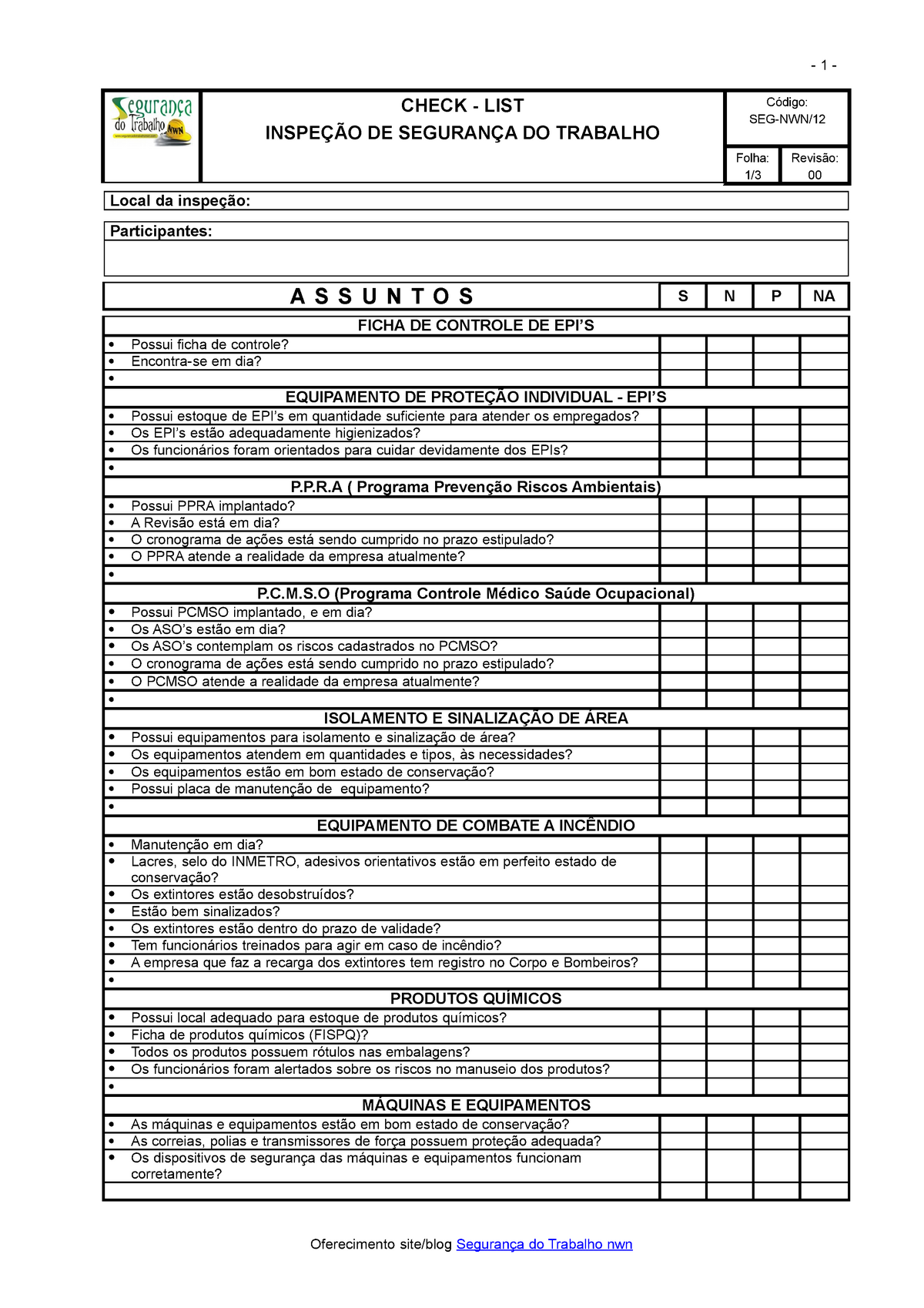 Check List Inspecao Segurança Check List InspeÇÃo De SeguranÇa Do Trabalho Folha Revisão 00 9211