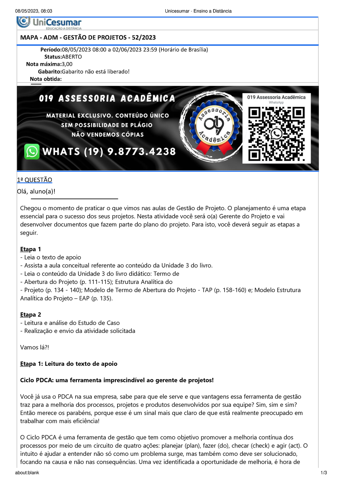 MAPA - ADM - Gestão DE Projetos - 522023 - 08/05/2023, 08:03 Unicesumar ...