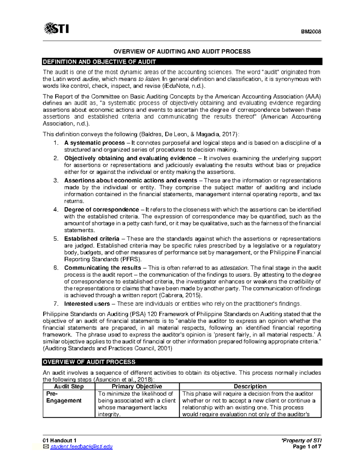 01 Handout 1 - None - 01 Handout 1 *Property of STI OVERVIEW OF ...