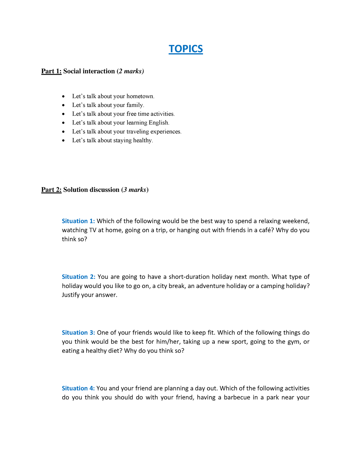 Topics FOR Speaking -B1-FOR Student - TOPICS Part 1: Social Interaction ...