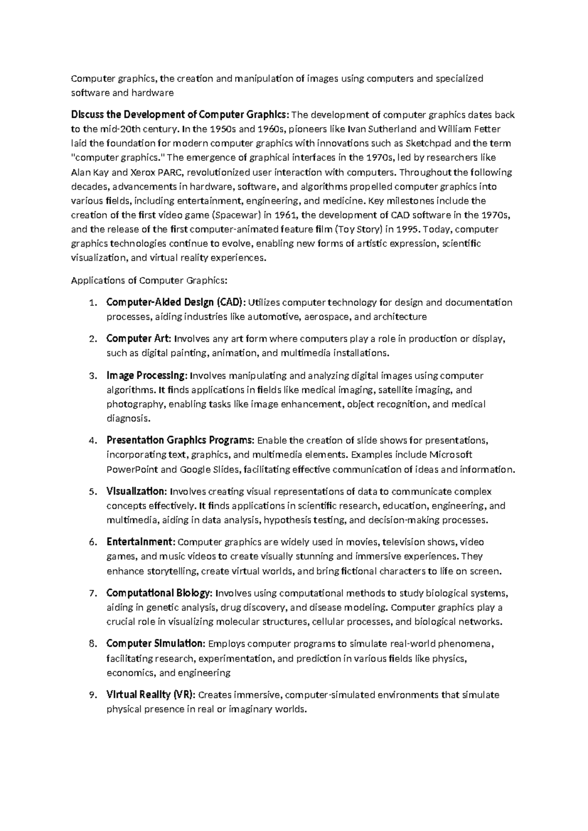 Computer Graphics Shortnotes - Computer graphics, the creation and ...