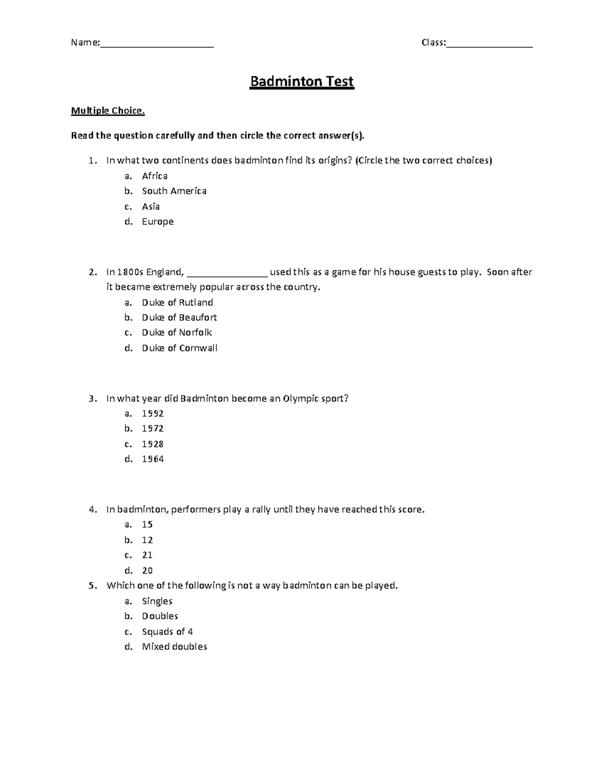 Scribd hfhh Badminton Test Multiple Choice. Read the question