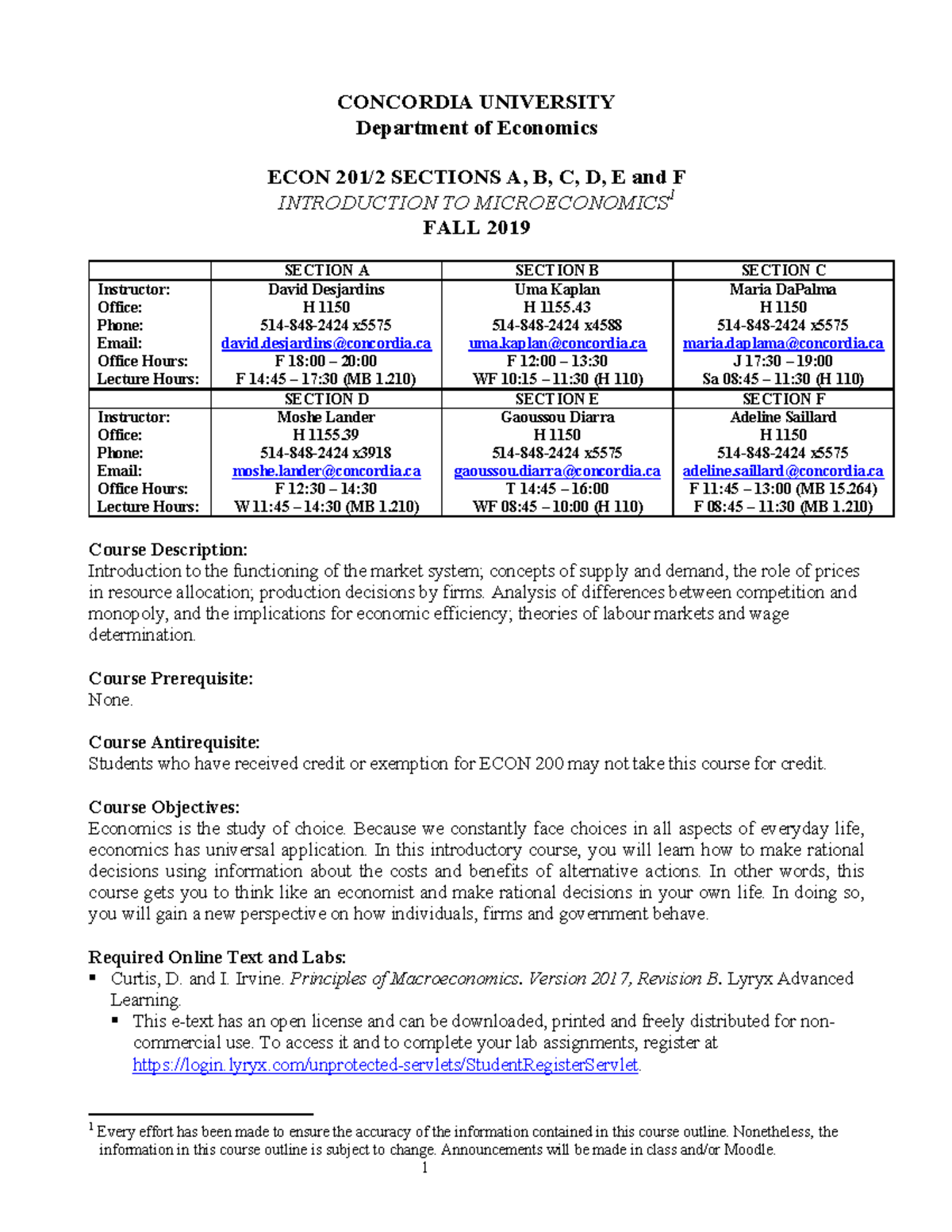 Course Outline - CONCORDIA UNIVERSITY Department Of Economics ECON 201/ ...