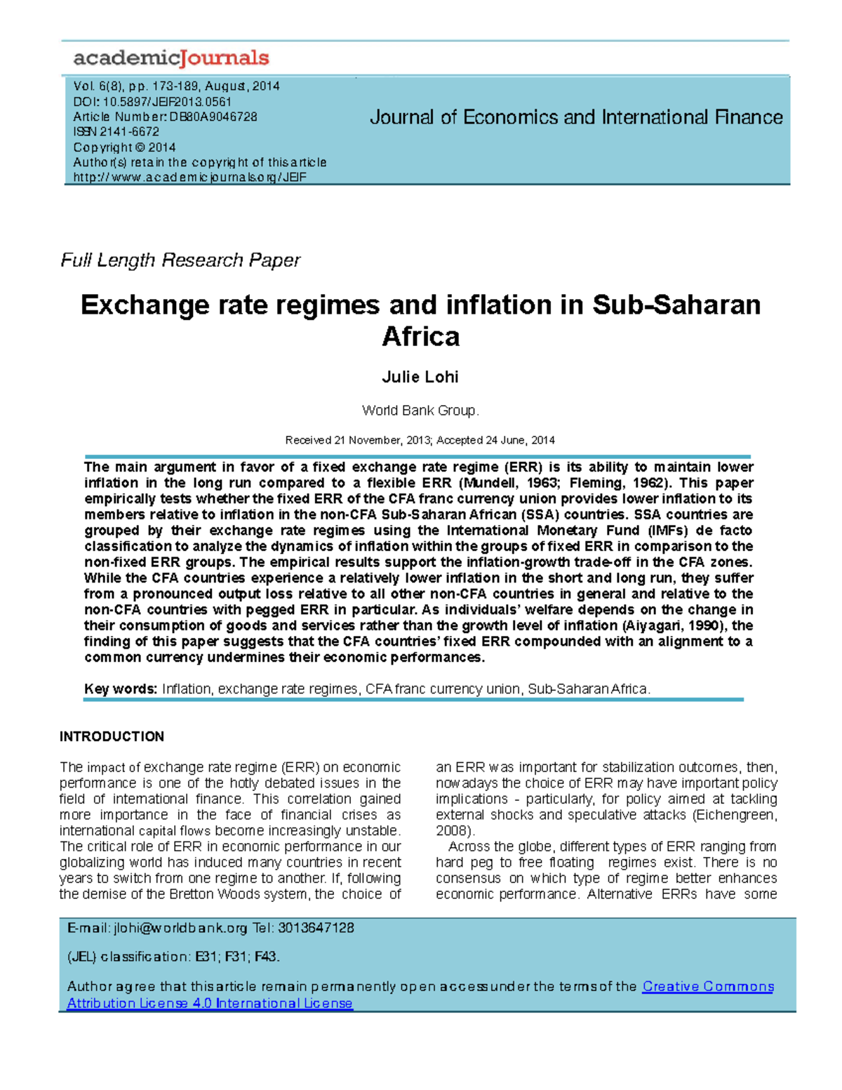 exchange rate regime and inflation - Vo l. 6(8), p p. 173-189, Aug ust ...