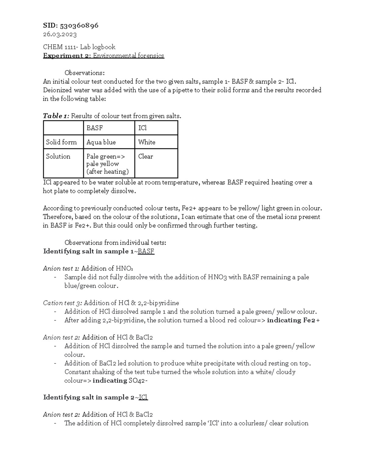 Chem logbook submission experiment 2 - SID: 530360896 26. CHEM 1111 ...