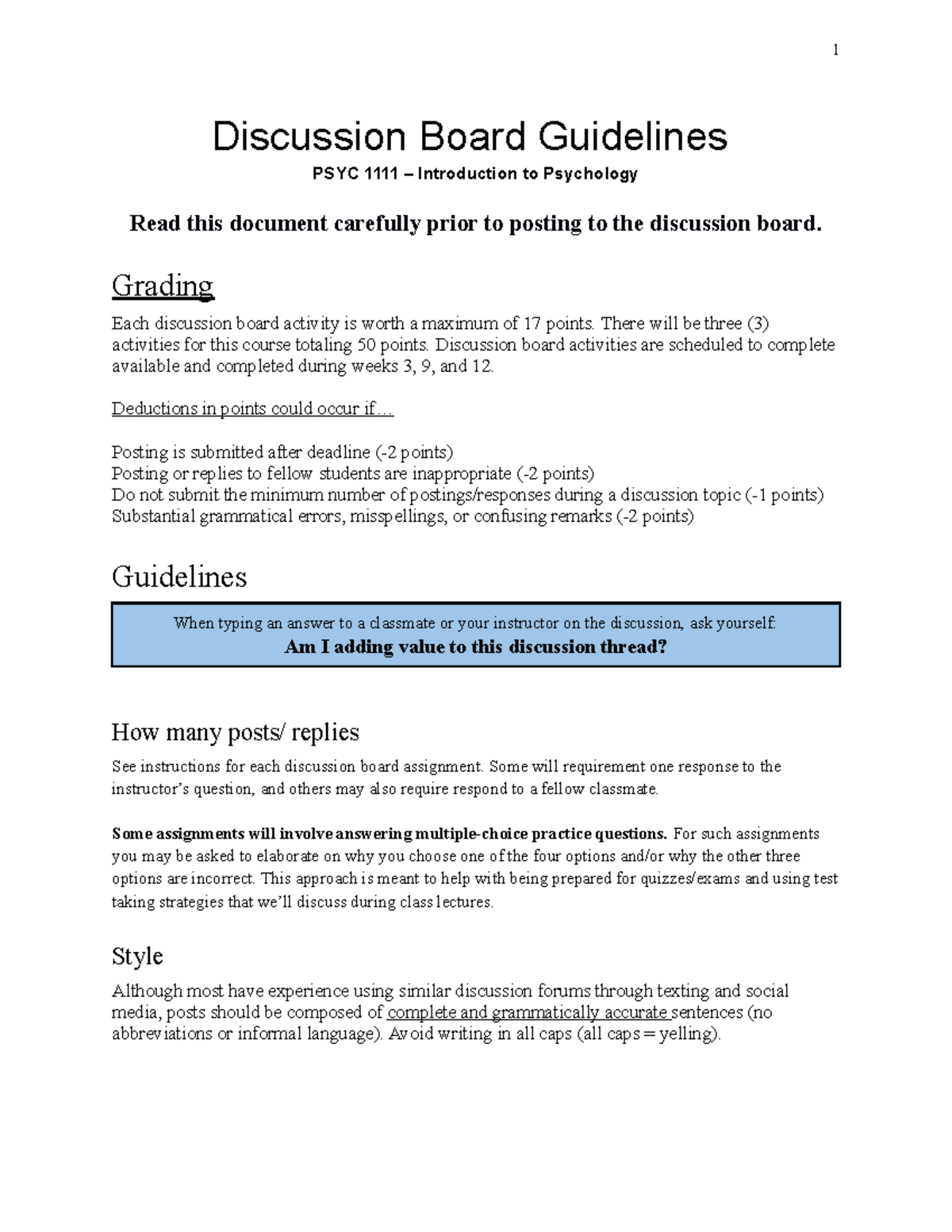 Discussion Guidlines for Online Postings Discussion Board Guidelines