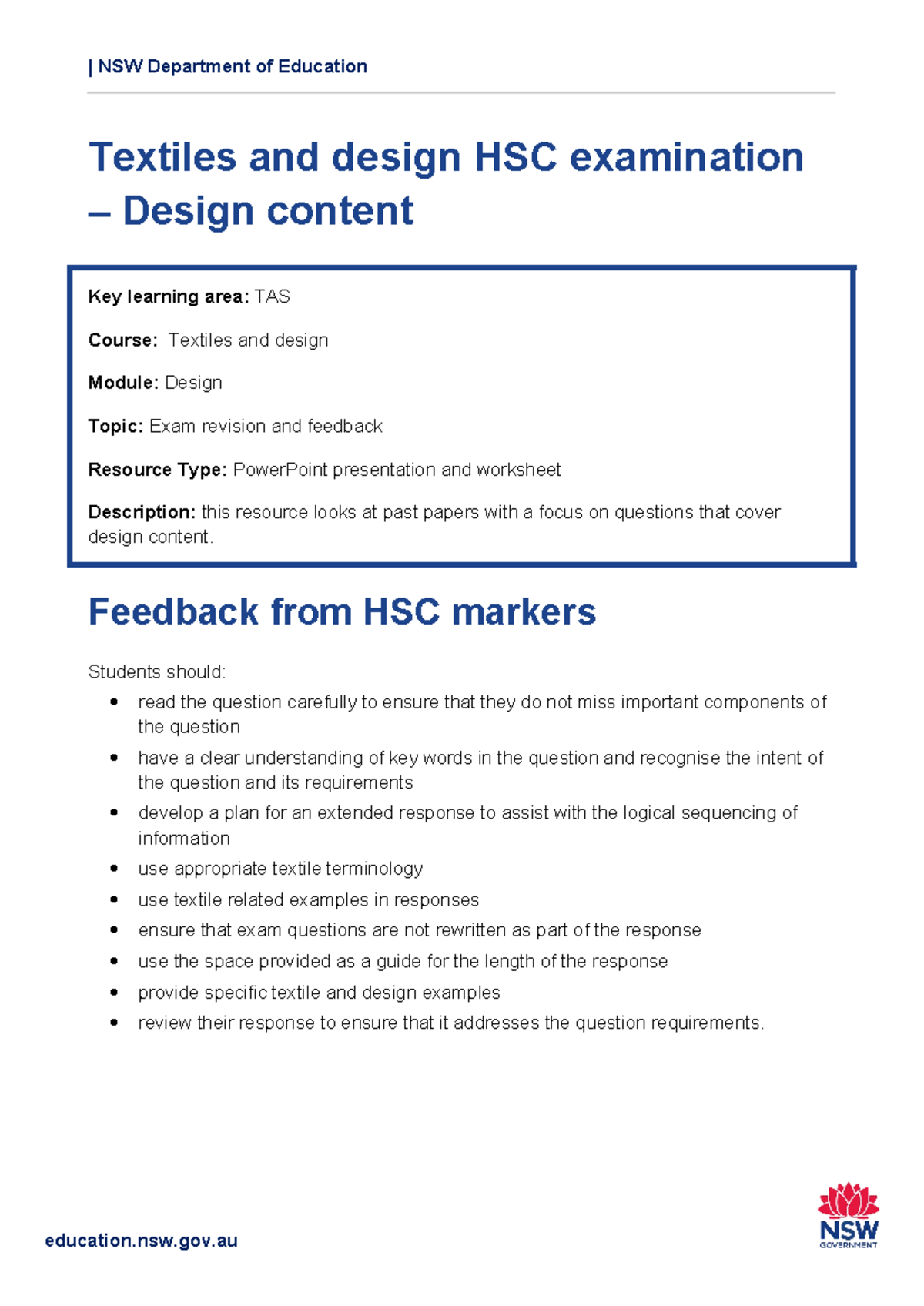 Tas textiles s6 design exam revision NSW Department of Education
