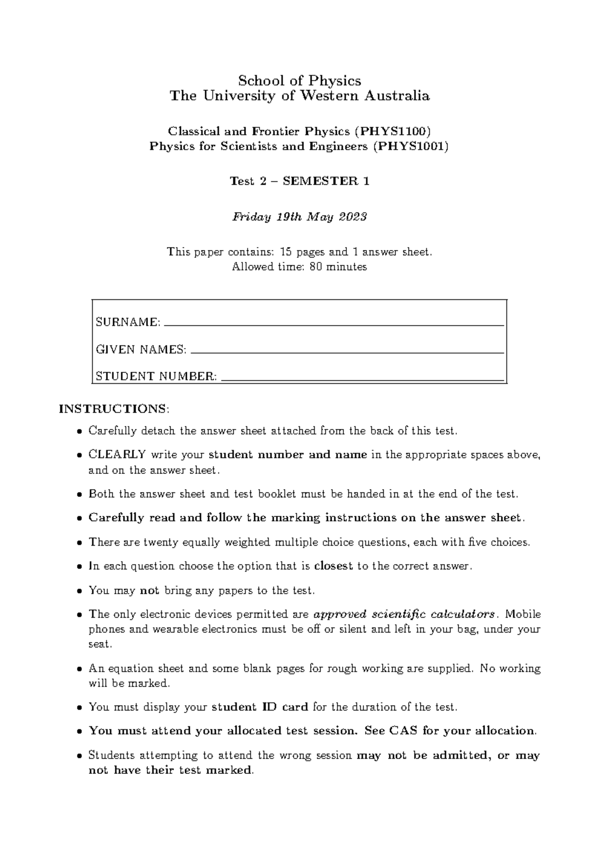 PHYS1001 Test 2 Sem 1 2023 Solutions - School of Physics The University ...