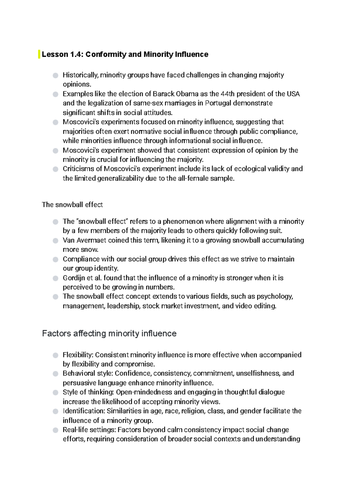 Psy notes - Lesson 1: Conformity and Minority Influence Historically ...