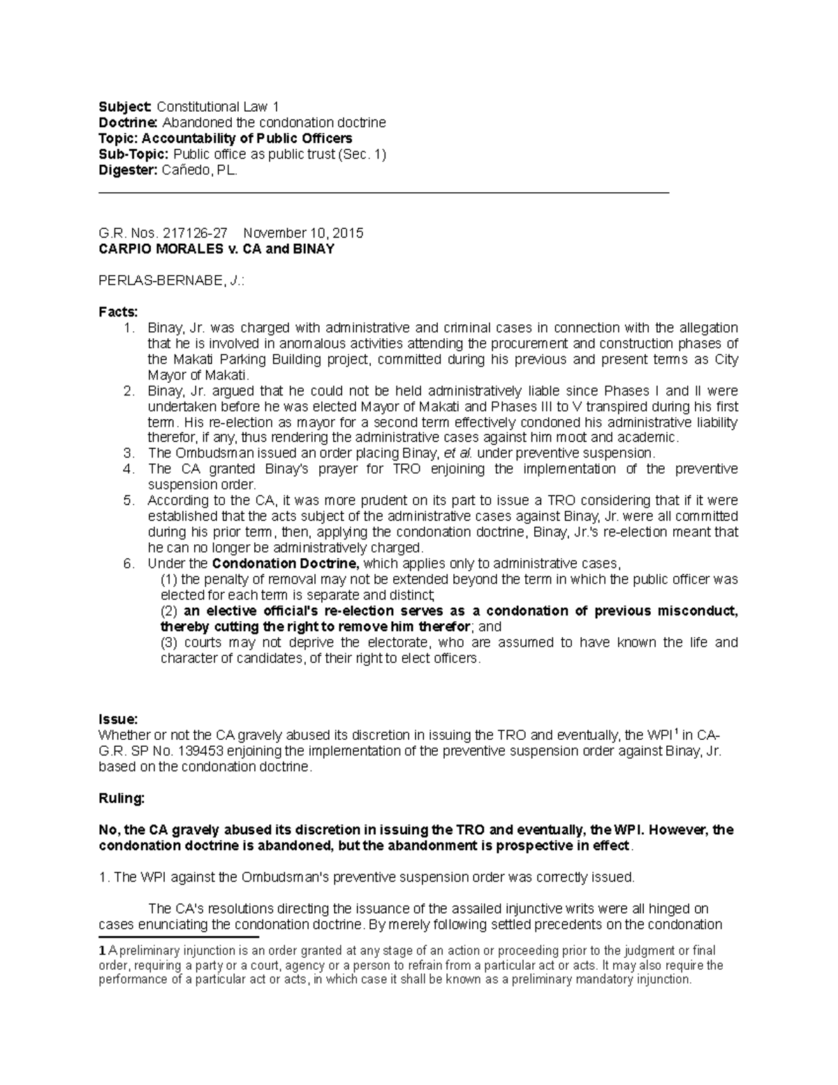 15. Carpio Morales v. CA Binay - Subject: Constitutional Law 1 Doctrine ...