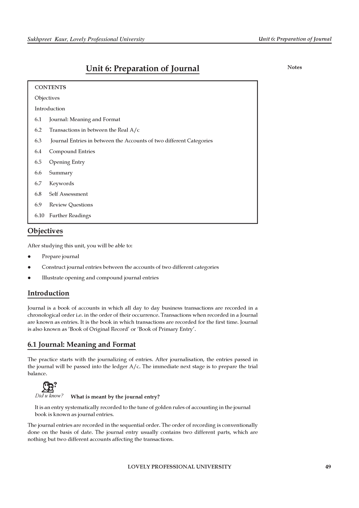 Financial Accounting Chapter 6 - Unit 6: Preparation Of Journal Notes ...