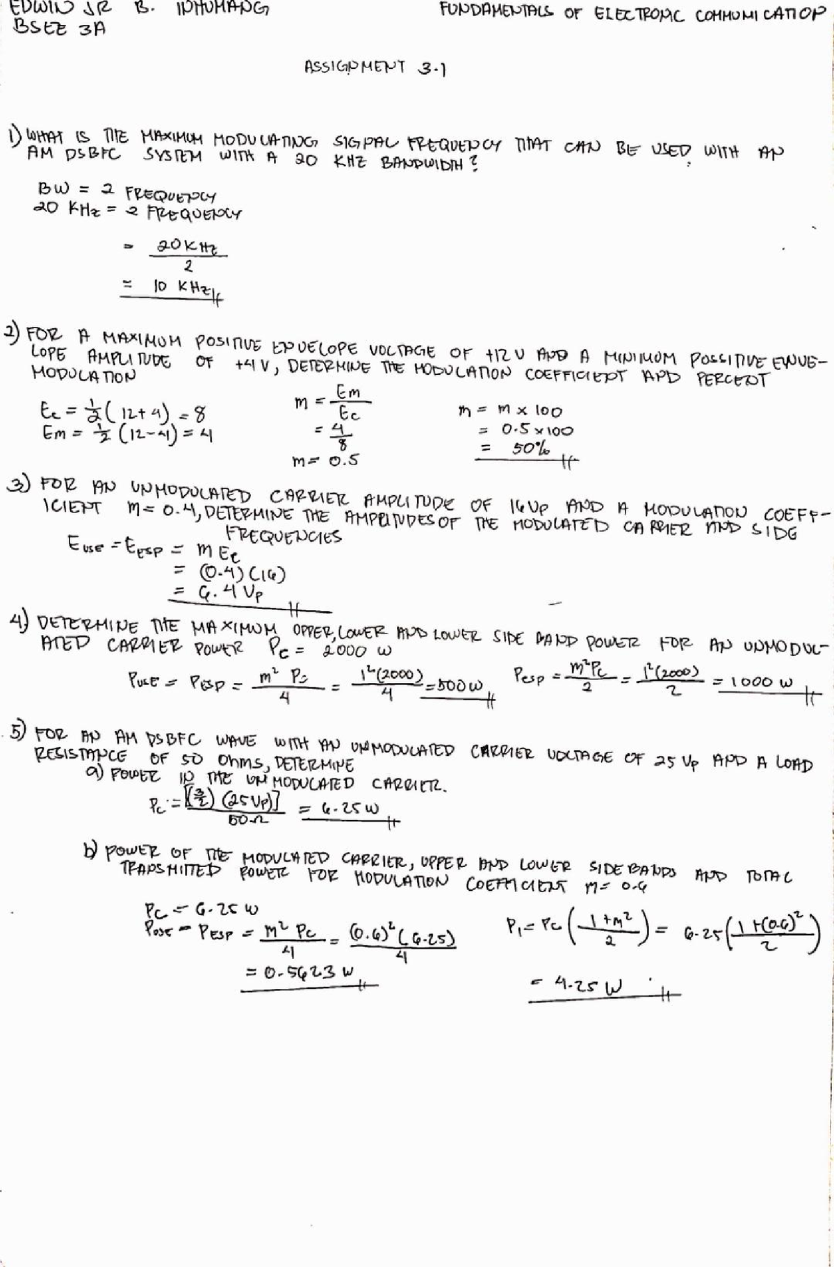 Fundamentals of Electronic Communication Assignment 3-1 - Electrical ...