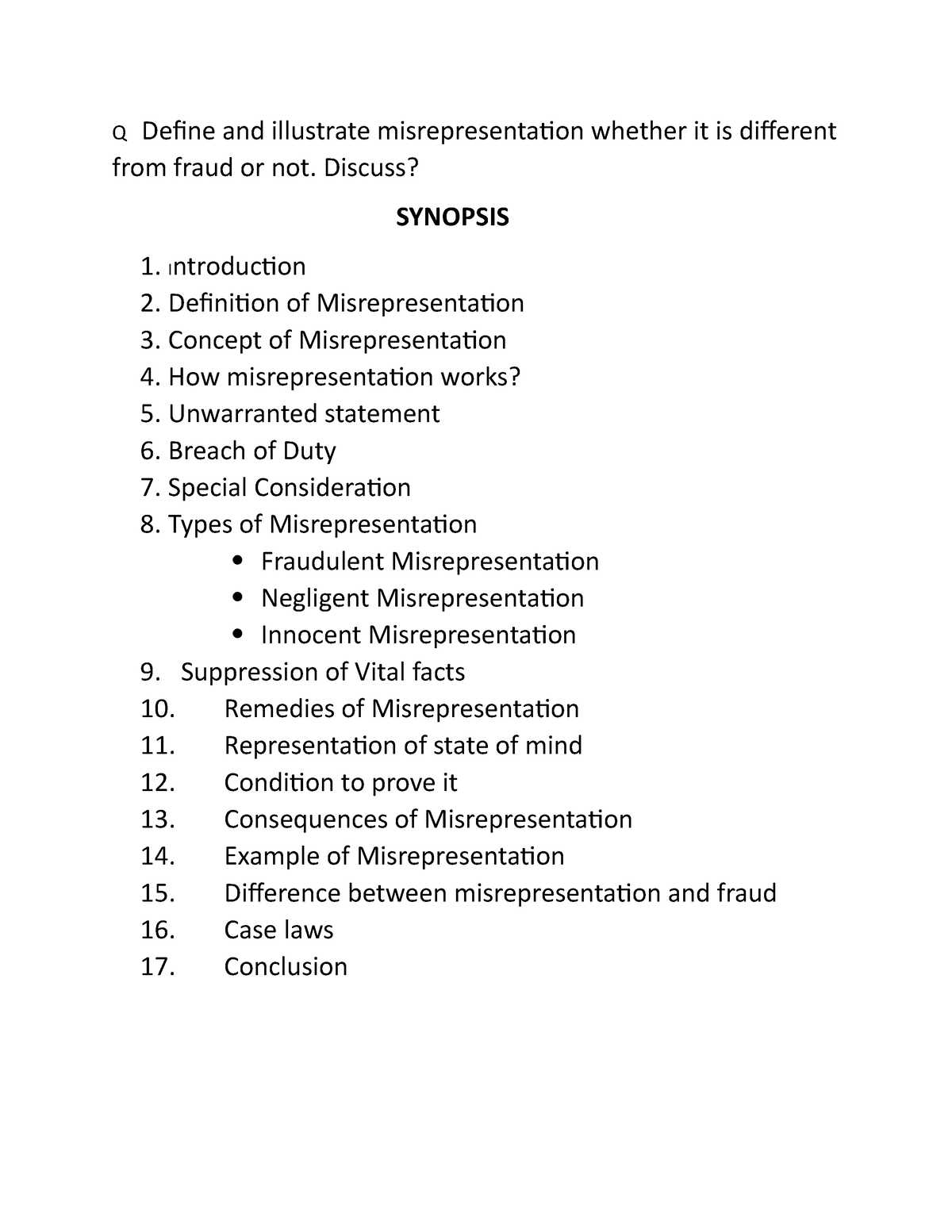 Misrepresentation - Discuss? SYNOPSIS 1. Introduction 2. Definition Of ...