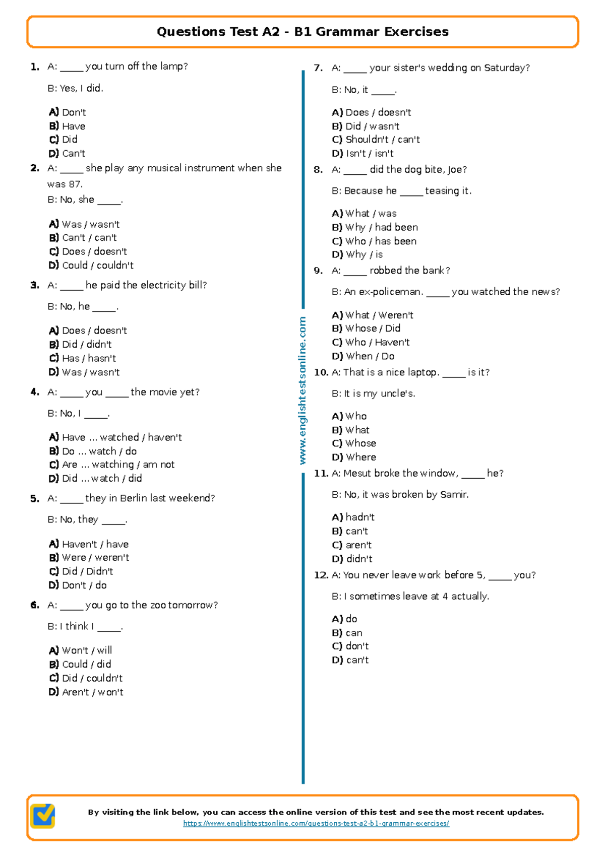 482 questions-test-a2-b1-grammar-exercises englishtestsonline - A ...