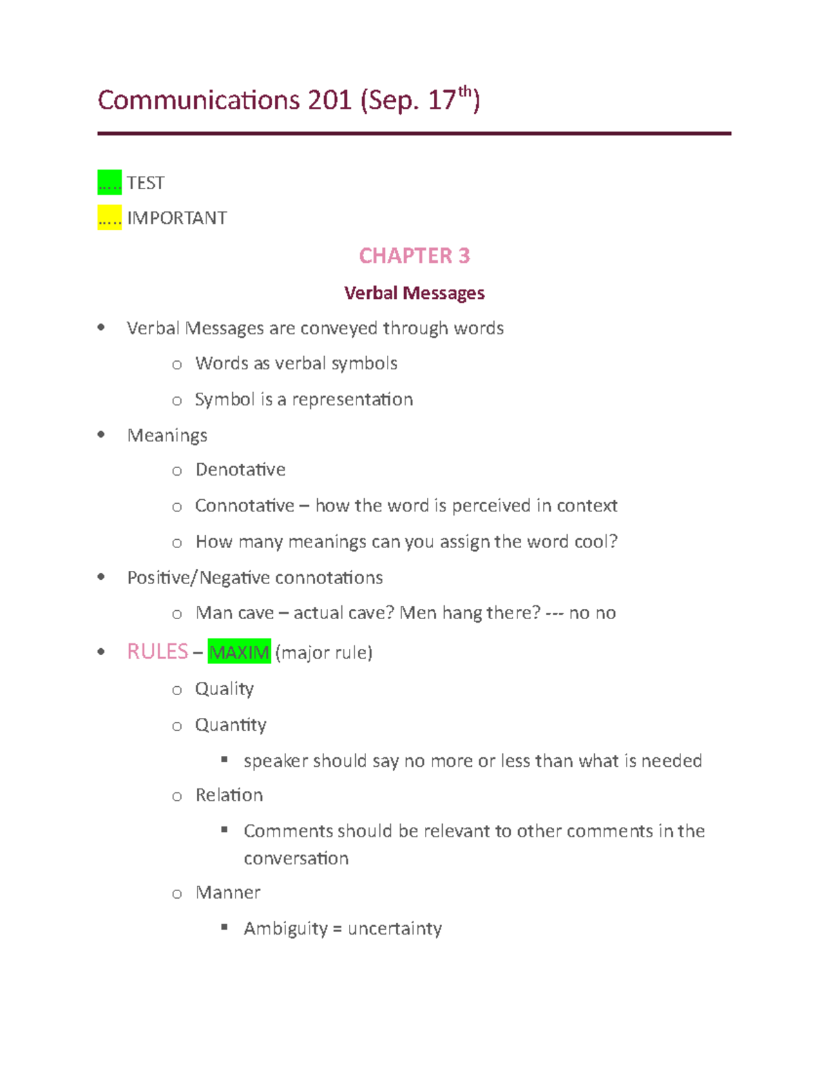Chapter 3 Verbal Messages unit Communications 201 (Sep. 17th