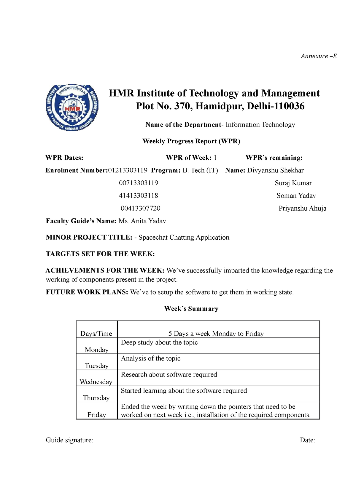 WPR Format Week 1 - Practice - Annexure –E HMR Institute Of Technology ...