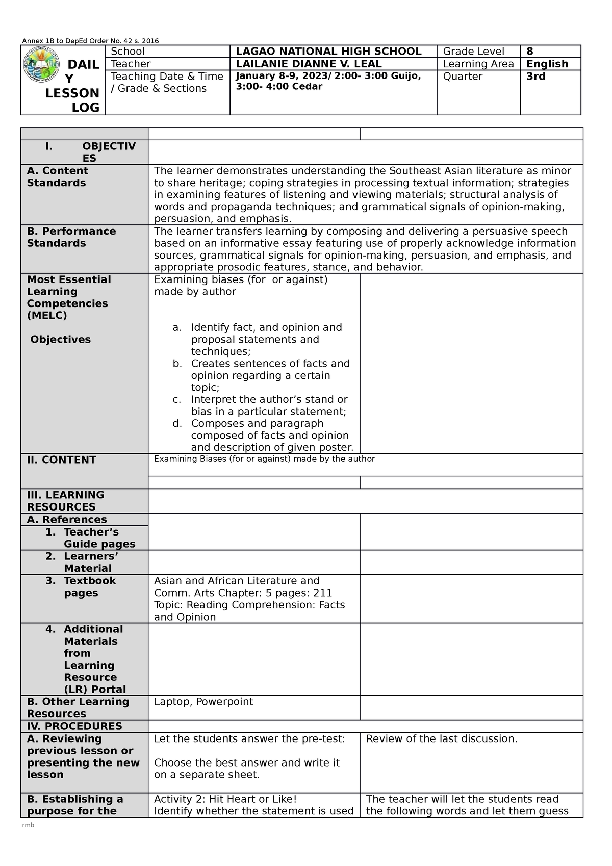 LP-Module-3 - learning plan - Annex 1B to DepEd Order No. 42 s. 2016 ...