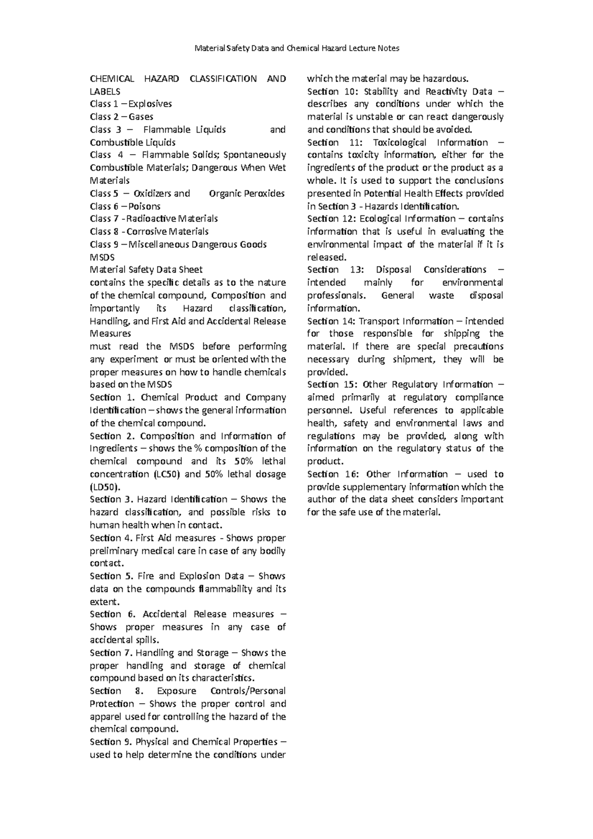 Material Safety Data and Chemical Hazard Lecture Notes - Chemical ...