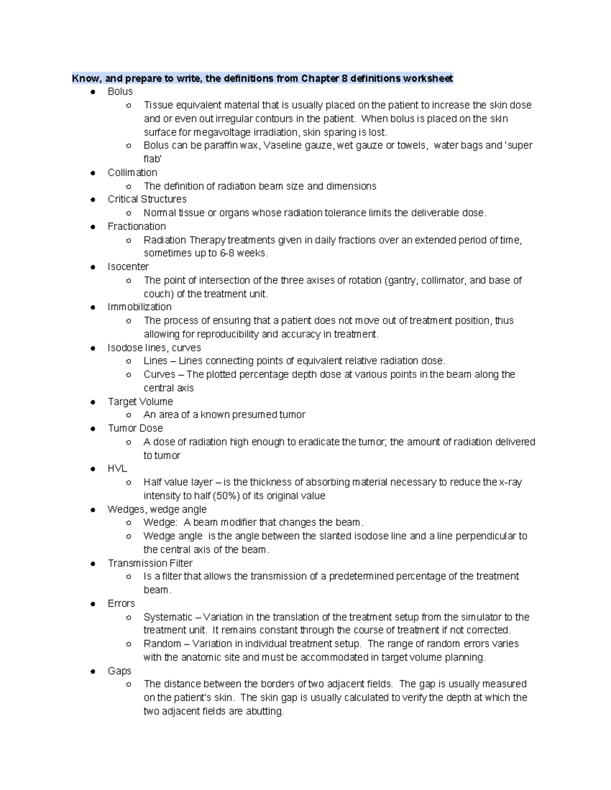 RT practice 3 - radiation therapy - Know, and prepare to write, the ...