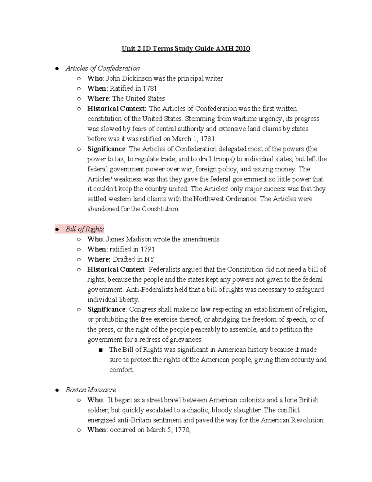 UNIT 2 Study Guide - Unit 2 ID Terms Study Guide AMH 2010 Articles of ...