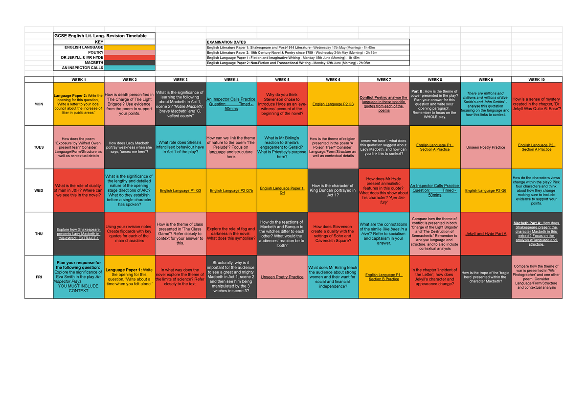 GCSE English Lit. Lang. Revision Timetable - GCSE English Lit. Lang ...