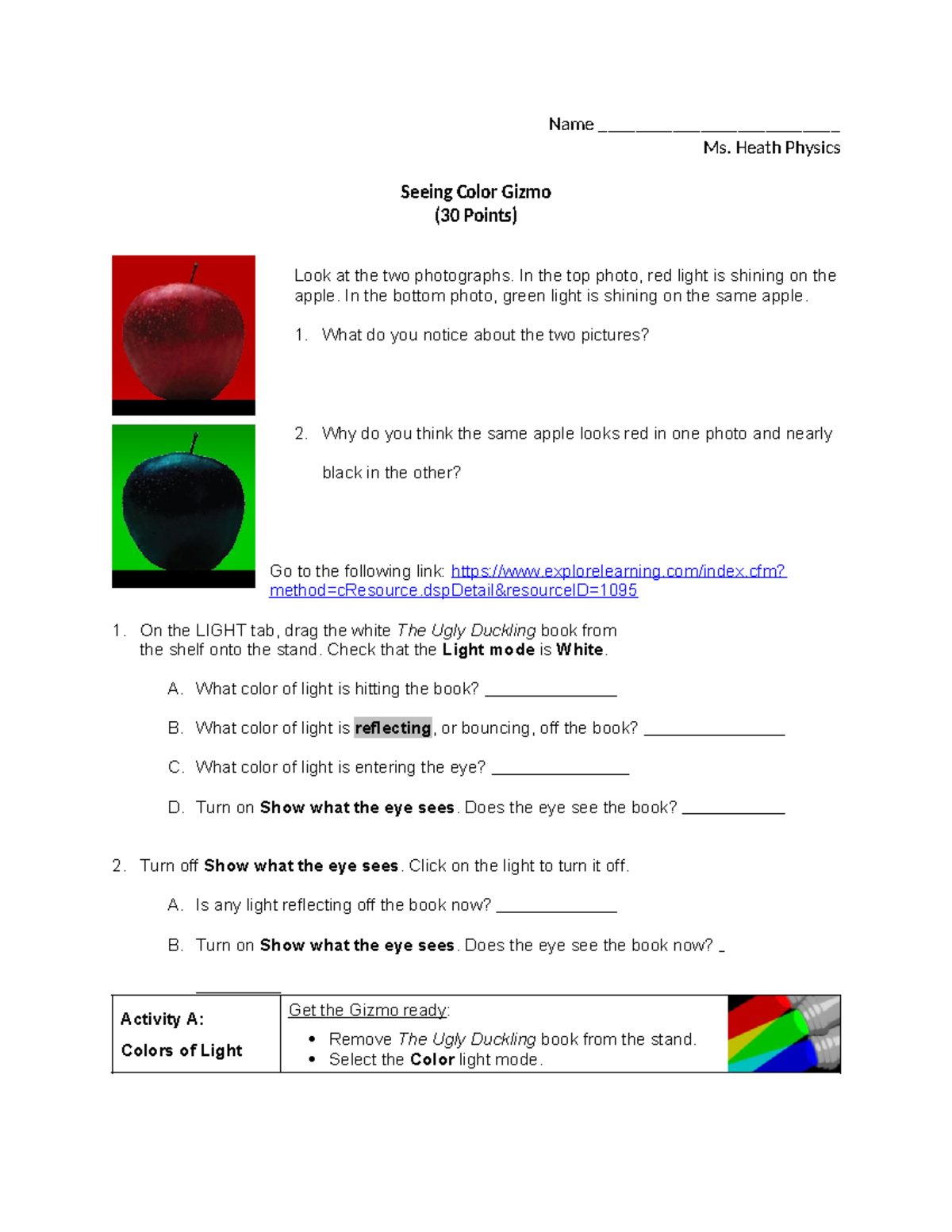 Seeing Color Gizmo - Name __________________________ Ms. Heath Physics ...