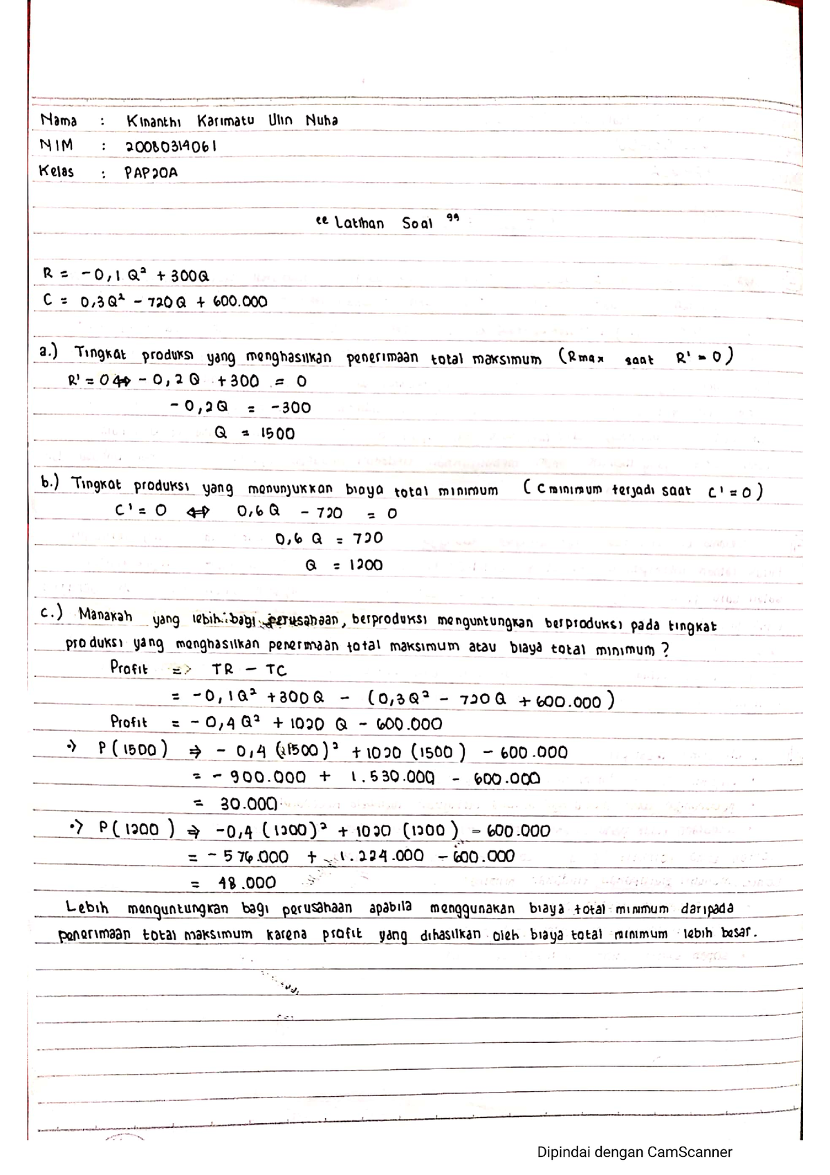 Latihan Soal Penerimaan Total Maksimum Dan Biaya Total Minimum ...