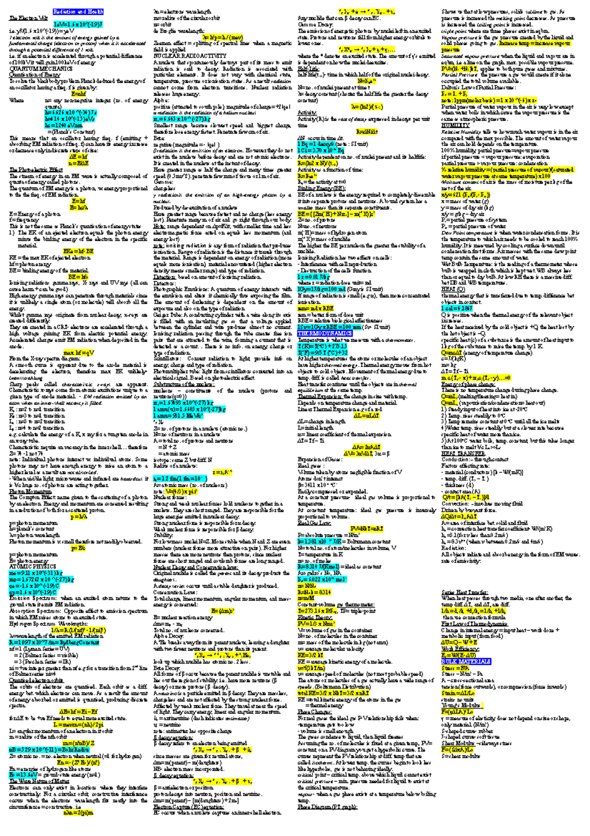 Physics Cheat Sheet - Radiation and Health The Electron Volt 1eV= 1 x ...