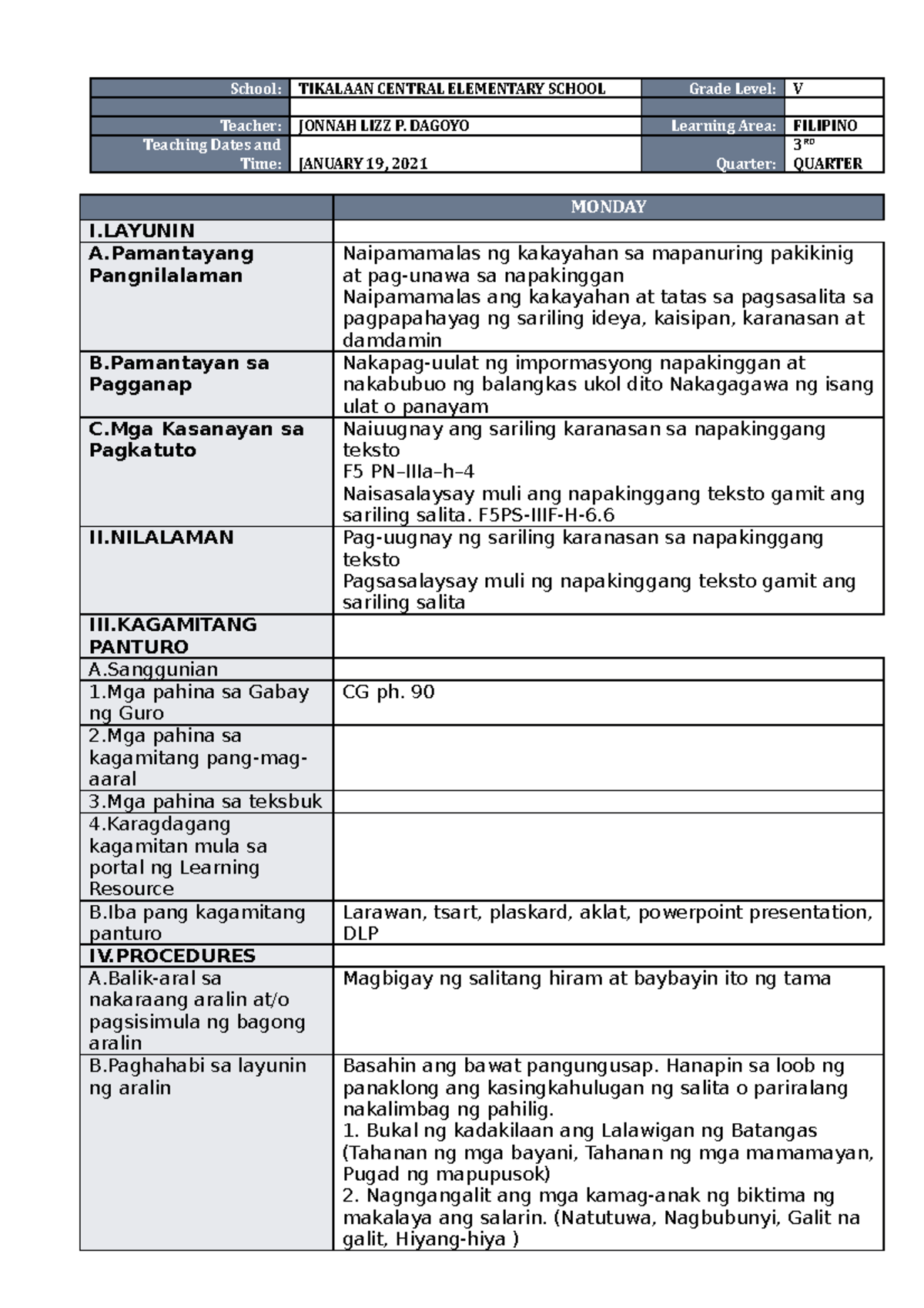 Lesson PLAN IN Filipino - School: TIKALAAN CENTRAL ELEMENTARY SCHOOL ...