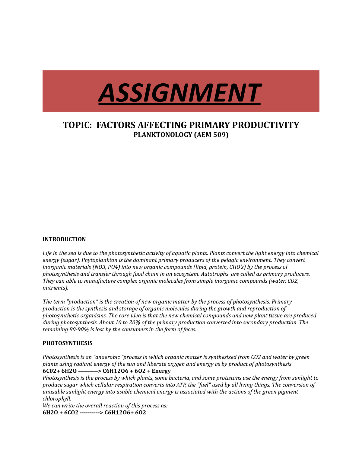 primary productivity assignment