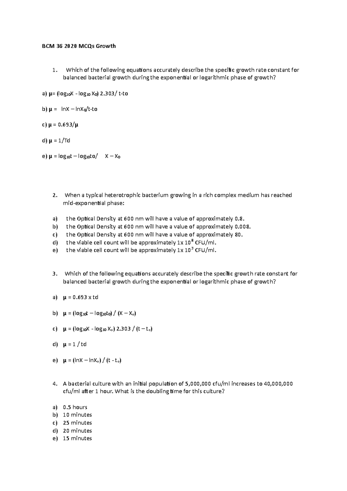 Bacterial growth worksheet - BCM 36 2020 MCQs Growth balanced bacterial ...