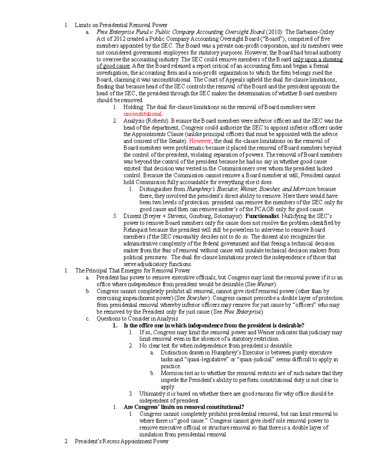Constitutional Law Outline 1 Limits on Presidential Removal Power a. Free Enterprise Fund v