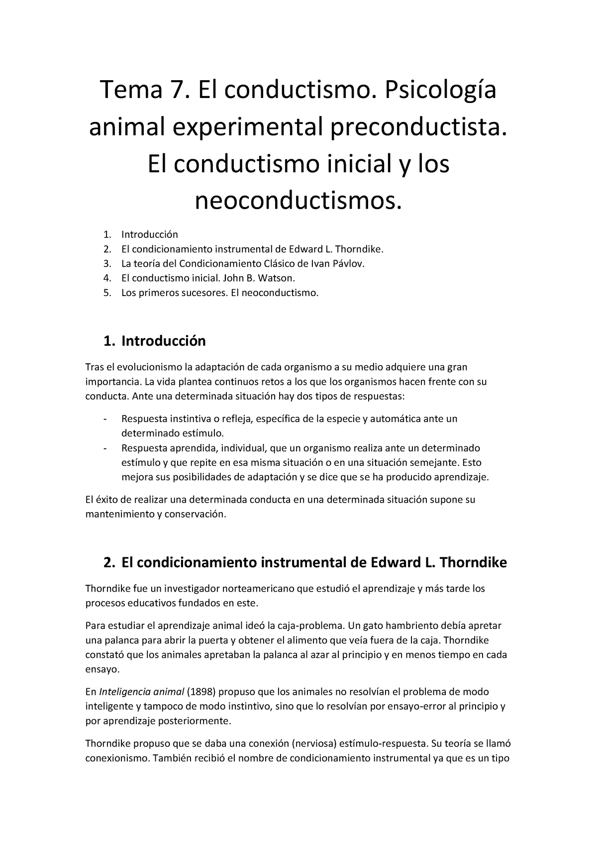 Séptimo Tema. Conductismo - Tema 7. El Conductismo. Psicología Animal ...