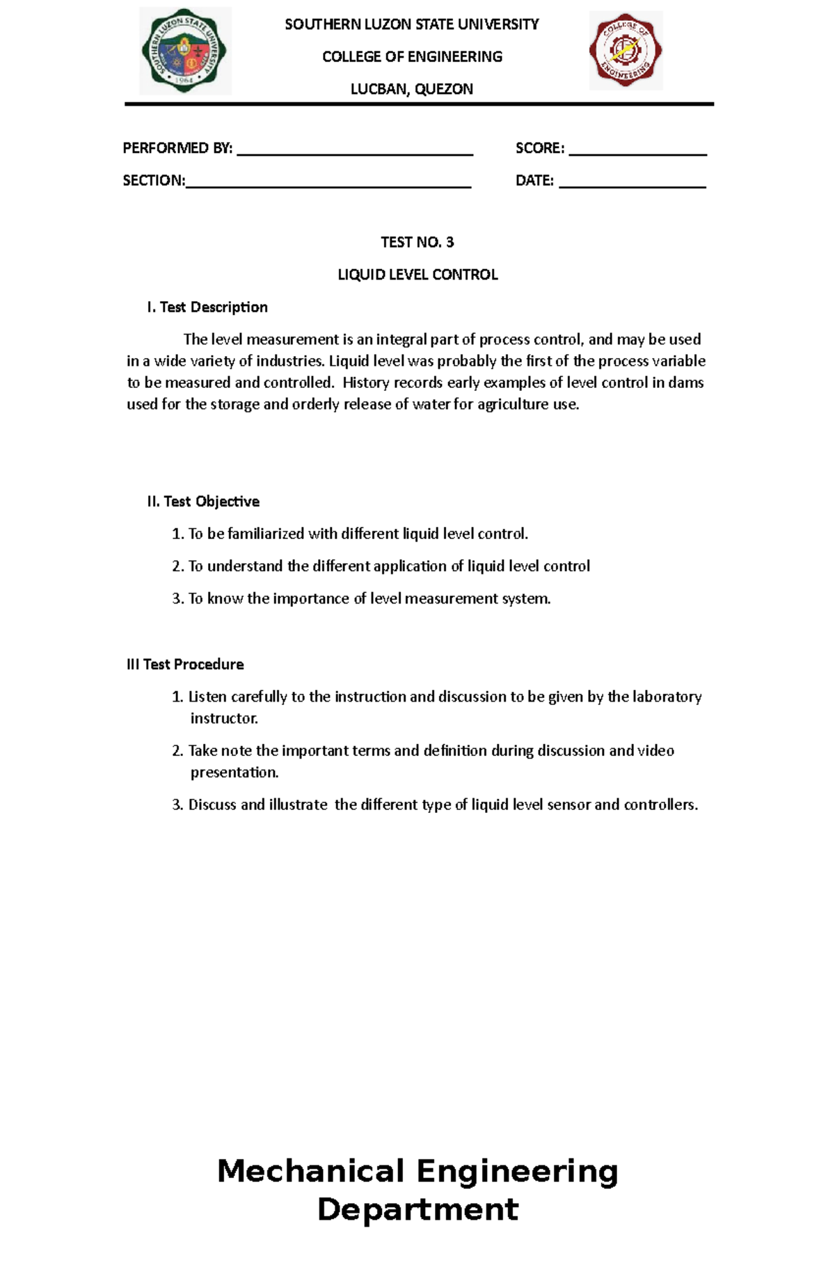 MCE17l - Control Engineering Laboratory Manual Test No. 3 - PERFORMED ...